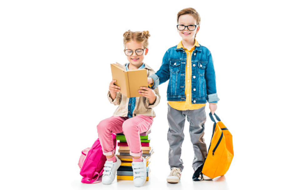 Boy and girl with book bags and books