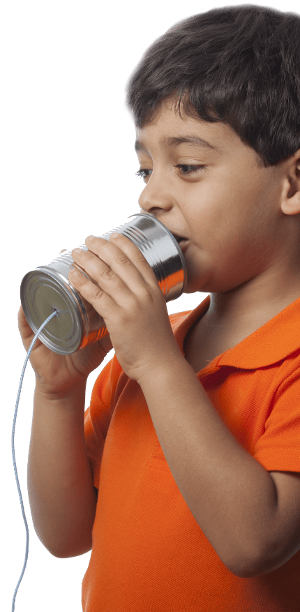 Small child speaking into a tin-can telephone