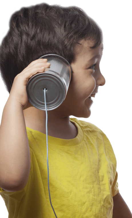 Small child speaking into a tin-can telephone